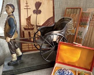 Fun vintage metal rickshaw man and Asian soapstone chop.