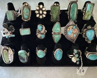 A selection of nice sterling and turquoise rings.  So many more are not depicted.  Come see what we have.  We will have tons of Native American jewelry...cuff bracelets, pins, pendants, rings, bolos, and more.  No time to show all the pics.  It is a great selection!