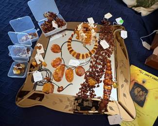 Do we have amber?  Why yes, we sure do...necklaces, bracelets, and earrings.   Amber is light weight, catches the light, and is the oldest material popular jewelry is made of.  You can't find much of greater age that fossilized resin!  If you have never appreciated it before...be sure and come to take a look.