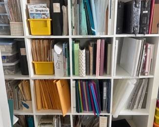 Cards; envelopes; desk supplies; patterns for sewing; lots of fabric; gift wrap; paper cutters