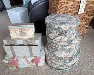 Lots of craft boxes, hat boxes, baskets