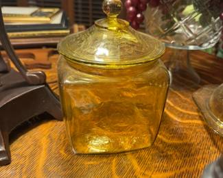 Circa 1930's Amber Depression Glass Cookie Jar - Madrid by Federal Glass Company