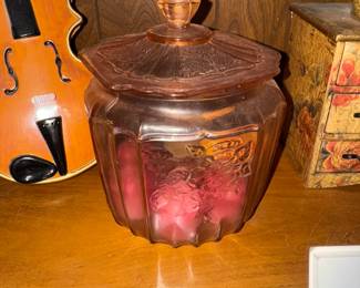 Vintage Anchor Hocking Mayfair Open Rose pink depression glass cookie jar - many pieces in this collection!