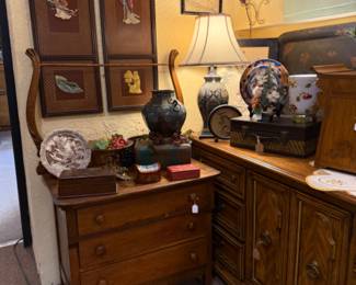 vintage dresser, chest of drawers, asian art, lamps