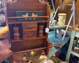 vintage wood shelf, salt and pepper grinders, collectibles