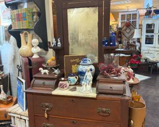 antique solid wood dresser, blue and white pottery, children's books