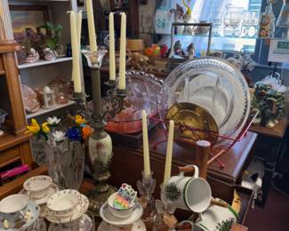 candleabras, cups and saucers, platters