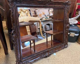 Antique Art Deco Ornate Wood Shadow Box Shelf  with mirror