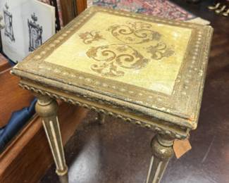 Vintage Italian small wood table with gold-leaf finish and hand-painted scrolling vine design 