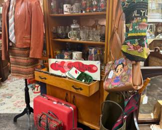 beautiful vintage leather jacket & dress, glassware, purses, umbrella brass stand, vintage purses