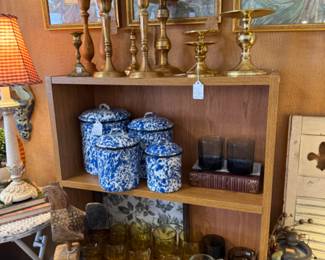 Vintage brass candlesticks, books, mugs, fall mugs