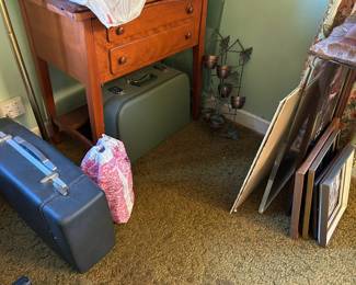 Living Room, front corner, two sewing machines cabinet and green case and record player blue case, art
