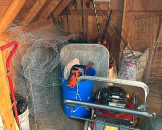 Shed contents, trimmer, barrow, tiller, mower, etc.