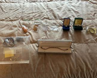 Bedroom 2, jewelry, Bakelite, opal and sapphire gold rings, sterling silver, etc.