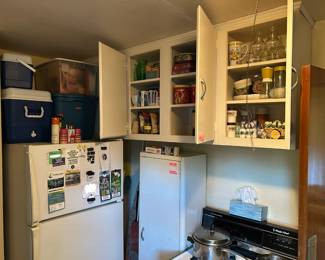 Kitchen, glassware, old cookie tins, coolers, etc