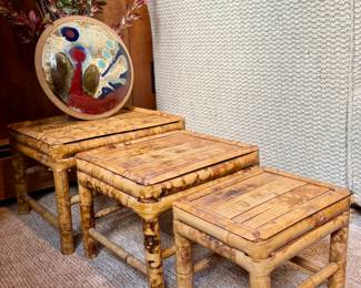 Set of 3 Chinoiserie bamboo stools