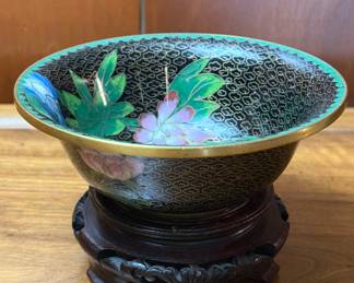 Cloisonne Bowl on Rosewood Stand