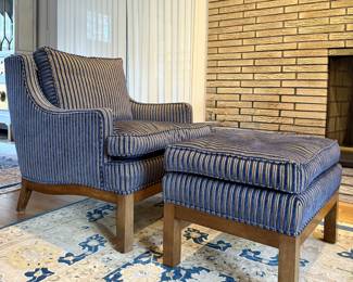 Small Down Armchair and Ottoman, Upholstered in Blue and Tan Fabric