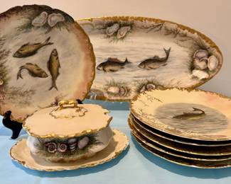 Antique T&V Limoges Fish Plates, Platter and Sauce Tureen