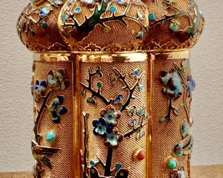 Chinese Filigree Silver Tea Caddy with Enamel, Turquoise & Coral Cabochons