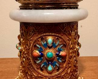 Chinese Cloisonne Tea Caddy with Jade Bangle, Enamel, Coral & Turquoise Cabochons 