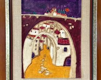 Relief Oil Painting  Town, Signed REMS