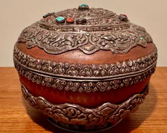 Tibetan Silver & Burl Wood Tsampa Bowl