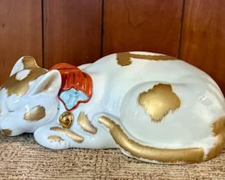 Vintage Japanese Kutani Cat with Red Ribbon Collar