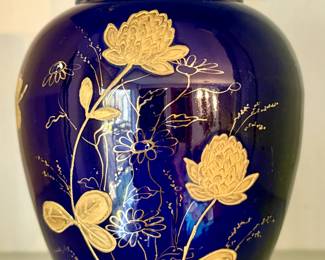 Vintage Cobalt Blue Porcelain Ginger Jar with Gold Floral Design