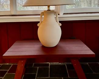 Vintage Redwood Slatted Table with Ivory Lamp