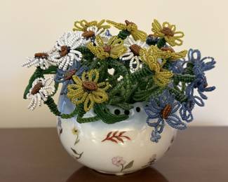 Vintage Beaded Flowers in Porcelain Vase