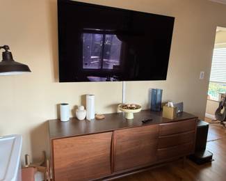 Walnut credenza tv lamp and home decor accessories 