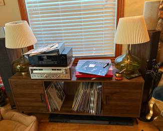 Pair of glass lamps, turntable, record stand and records
