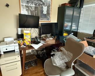 Work station, work chair, glass and wood cabinets. Note: printer not for sale