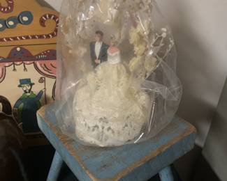 Folk art stool/stand, and a vintage wedding cake topper!