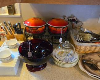 Ruby Red punch bowl on stand + cups