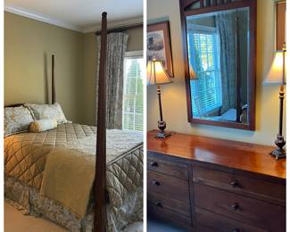 4 poster  bed and fabulous mid-century, modern dresser and mirror. (Lamps and linens on the bed are no longer available)