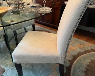 Modern all glass dining table with V double pedestal glass base with brass connectors 
