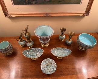 Mid century blue Delft with gold accents accessory pieces