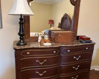 Jessica McClintock Home bedroom ensemble. Queen bed, night stands, chest, dresser