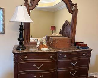 Jessica McClintock Home bedroom ensemble. Queen bed, night stands, chest, dresser