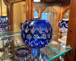Blue cut to clear bohemian crystal rose bowl