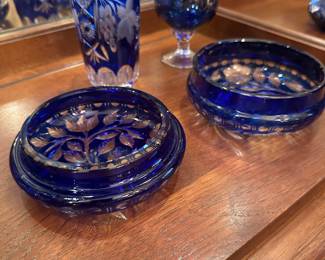 top and bottom to trinket box, Blue cut to clear bohemian crystal