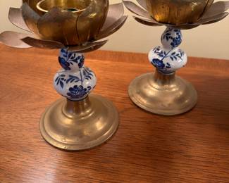 delft and brass candle holders