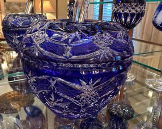 Blue cut to clear bohemian crystal Apple shaped covered bowl
