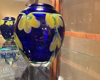 1940’s handblown Cobalt blue and yellow bohemian vase