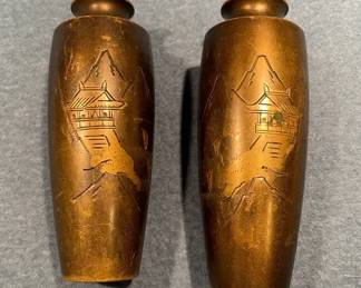Pair Of Japanese Bronze Colored Etched Vases Meiji Era