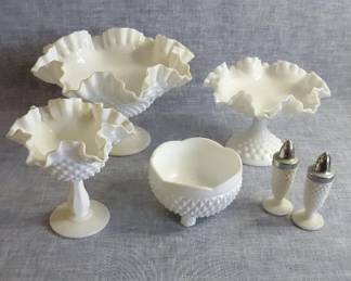 Milkglass Hobnail Pedestal Vases, Salt And Paper Shaker