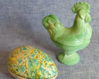 Jadite Rooster And Ceramic Glazed Egg
