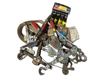 Six ComealongsCable Winch Pullers plus Ratchet Straps, Tow Rope, Chains